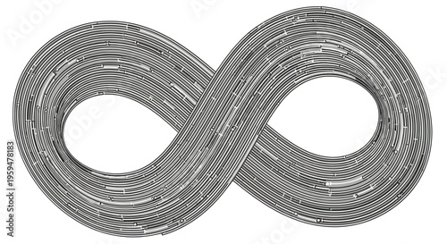 Monochromatic infinity symbol composed of intricate, layered, and segmented lines
