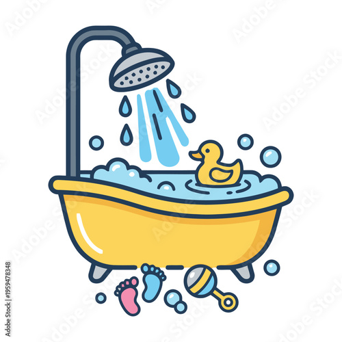 Yellow rubber duck in bathtub with bubbles and shower water cartoon illustration