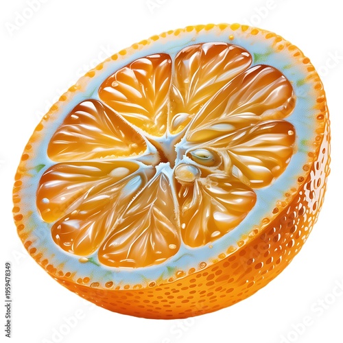 A close up view of a vibrant orange slice showing juicy segments and texture on a white background