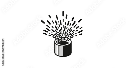 Isometric illustration of a cylindrical sprinkler head emitting a spray of water