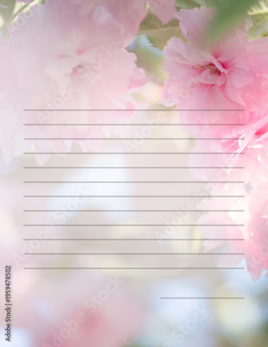 Letter template, card with pink sakura tree bloom, background with lines and copy space for hand writing, printable To Do List, lined organizer or planner, diary or note paper with blank empty place.