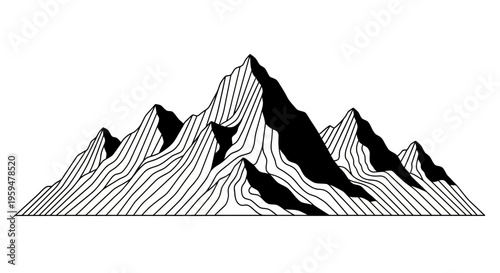 Stylized black and white mountains with sharp peaks and linear shading