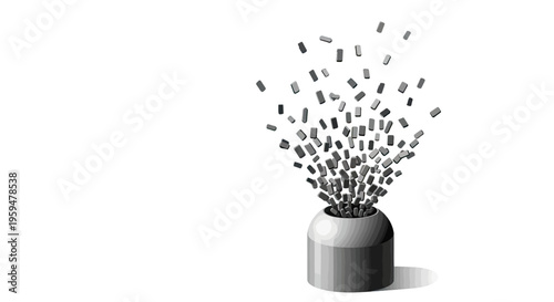 Gray objects erupting from a round vessel, forming a dynamic, scattered cloud