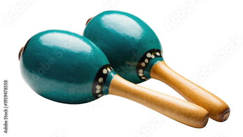 Fotografía Two shiny teal maracas, traditional Latin American percussion instruments for rh