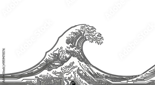 Circuit board lines form a cresting wave against a white background