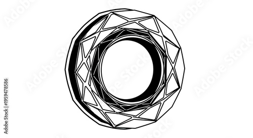 Intricate geometric ring with layered facets and a circular opening