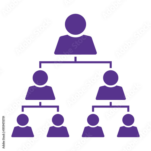 Corporate hierarchy structure with seven members in purple on white background