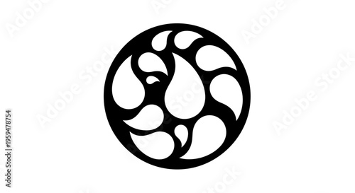 Black circle frame filled with swirling white teardrop shapes