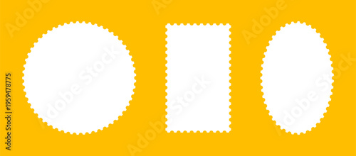 Postcards or letters with empty borders backdrops. Template of postage stamp frames. Coupons or label, tag or box with wavy, wiggly perforated edges. Oval or circle and rectangular vintage blank stamp