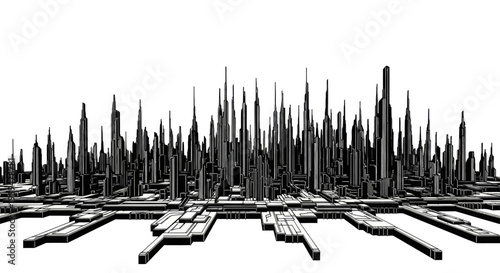 A stark black and white abstract skyline of sharp, jagged skyscrapers with geometric platforms