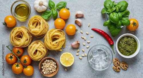 top view of raw Pappardelle near tomatoes, garlic, basil, pine nuts, olive oil, water and pesto