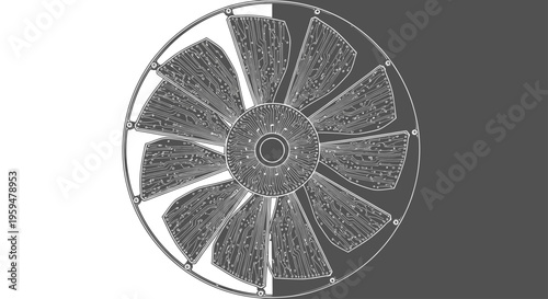 Close-up illustration of a fan with detailed blades and central hub