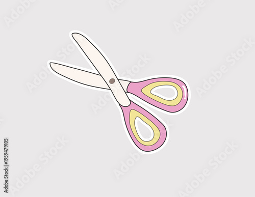 Scissors vector illustration; pink and yellow hand-held cutting tool for art and craft projects, scrapbooking themes, and kindergarten school supply graphics