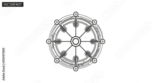 Intricate circular design with radial spokes and swirling patterns, set on white