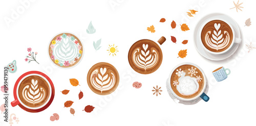 Autumn coffee cups with latte art set, cozy fall season drinks with leaves and decorative elements, top view flat vector illustration for cafe menu design