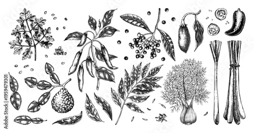 Vinatge spices and herbs sketches collection. Hand drawn engraving botanical food ingredients set. NOT AI generated 