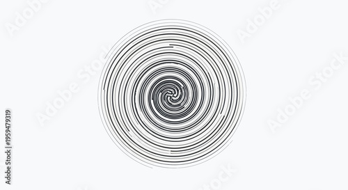 Black and white spiral pattern with concentric lines and fragmented segments
