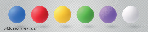 Colorful sphere, glossy round balls, blue red yellow green purple white objects, soft shadows, transparent background. UI, app, infographic, branding, educational color palette. Vector set