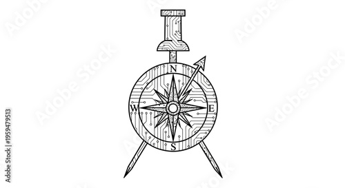 A thumbtack secures a compass with a circuit board design and two crossed pins