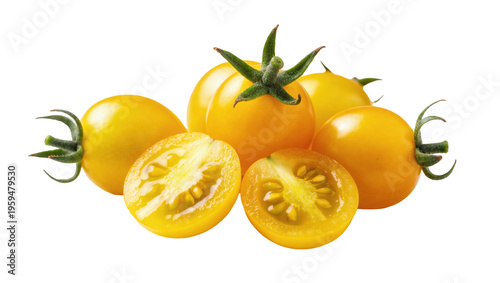 Принти на полотні Fresh yellow cherry tomatoes arranged with halves revealing juicy interior, deli