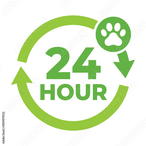 24 hour pet care service logo with paw print and circular arrows