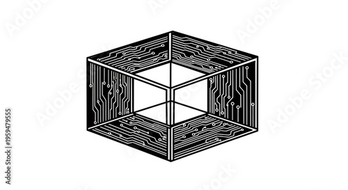 A 3D cube with circuit board patterns on its outer surfaces