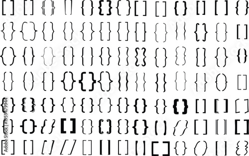 Set of braces or curly brackets icon. Small and square bracket or braket collection. Text brackets collection for messages, quotas. Oval, retro parentheses and punctuation shapes.