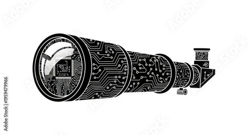 A telescope stylized as a circuit board with a chip visible inside the lens