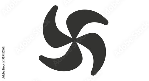 Abstract dark gray pinwheel design with five swirling curved blades on a white background