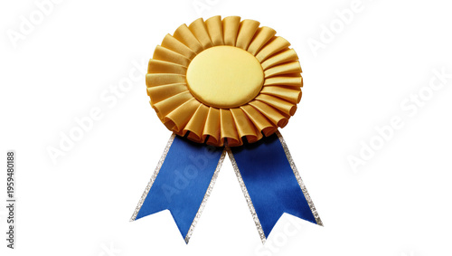 Fotografija Shiny golden rosette and blue ribbons for achievement, success, and recognition