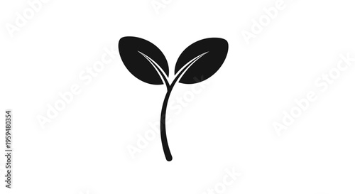 A simple black silhouette of a seedling with two leaves against a white background