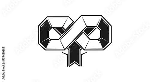 Stylized ram horns with a geometric infinity symbol and ribbon
