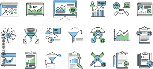 Business data analysis and KPI performance optimization icon set with charts funnels reports and analytics tools modern line vector illustration collection