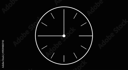 A white analog clock face on a black background shows 900