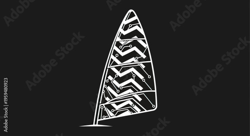 A stylized sail with a futuristic circuit board pattern