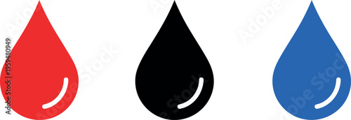 Three colored water droplets on white background black blue