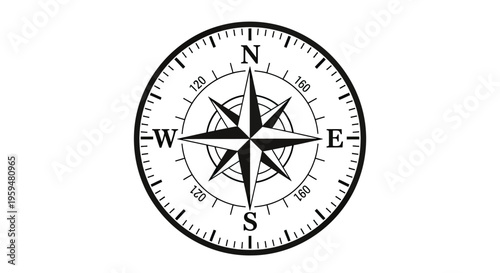 Black and white compass rose with directional markings and degree indicators