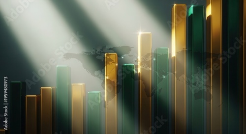 Gold emerald vertical bars rising through soft haze, light streaks, world map silhouettes, cinematic contrast, modern economy.