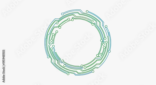 Circular circuit board pattern with green and blue lines and nodes on white