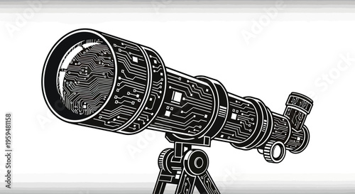 A telescope with a circuit board design, representing technological advancement