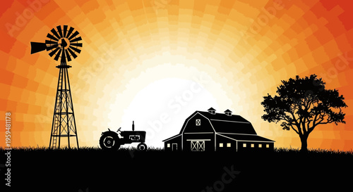 Rustic Farm Landscape Silhouette with Barn, Windmill, and Tractor over a Vibrant Sunburst Background