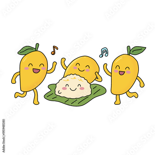 Cute Mango and Sticky Rice Cartoon Characters Dancing in Thai Dessert Festival Illustration
