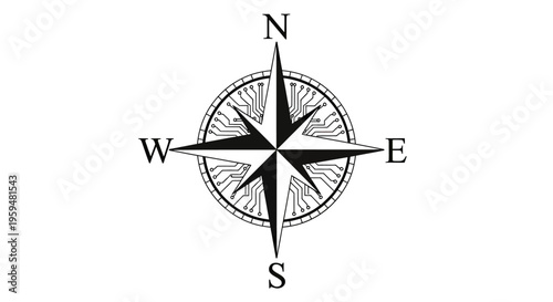 A black and white compass rose with a circuit board pattern