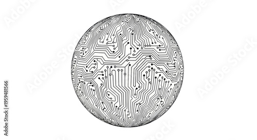 Abstract spherical circuit board pattern with intricate lines and nodes on white background