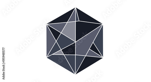 Interlocking geometric shapes form a dark, complex polyhedron with white outlines