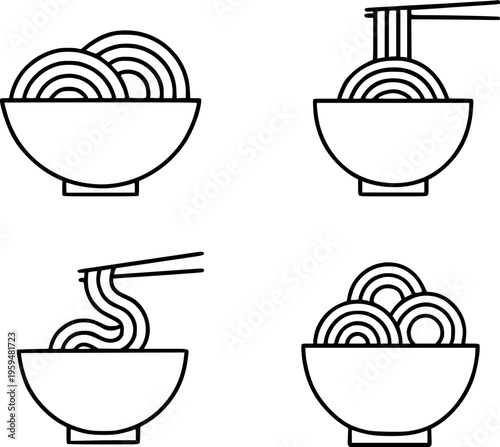 Noodles in a bowl illustration icon set, in outline design