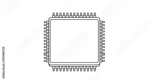 Flat, square electronic component with many rectangular pins