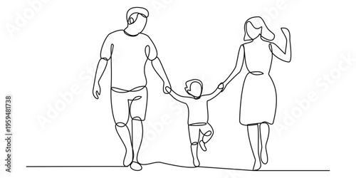 A single continuous line drawing of a happy family consisting of a father mother and young child