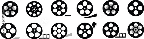 Old retro reel with film strip collection. Film reel movie icon set. Strip vintage poster vector illustration. film canisters. cinema abstract logo