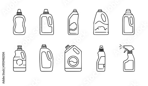 Domestic detergent laundry bottle outline icons vector set